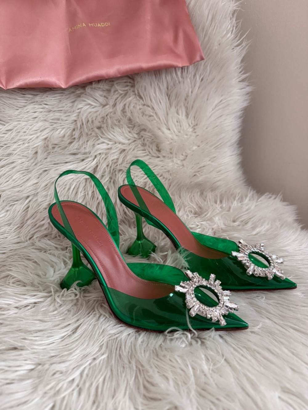 Amina Muaddi Begum Green Slingback Pumps